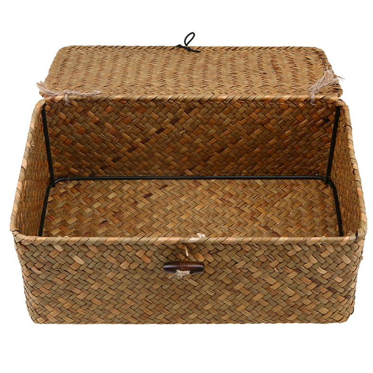 Natural Seagrass Lidded Cube Baskets Woven Bedroom Organizer Boxes Hampers L